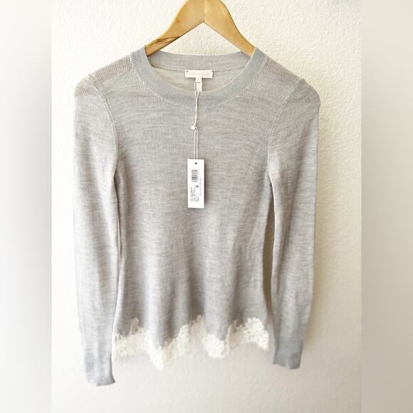 Rebecca Taylor Gray White Lace Combo Pullover Alpaca Wool Crew Sweater Size S - Picture 2 of 8